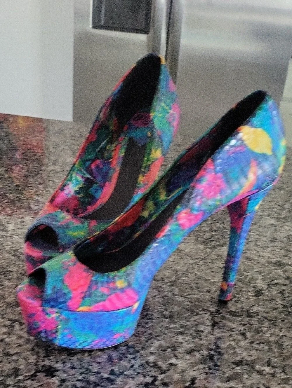 Brian Atwood Multicolor Paint-Splash Peep-Toe Platform Pumps
